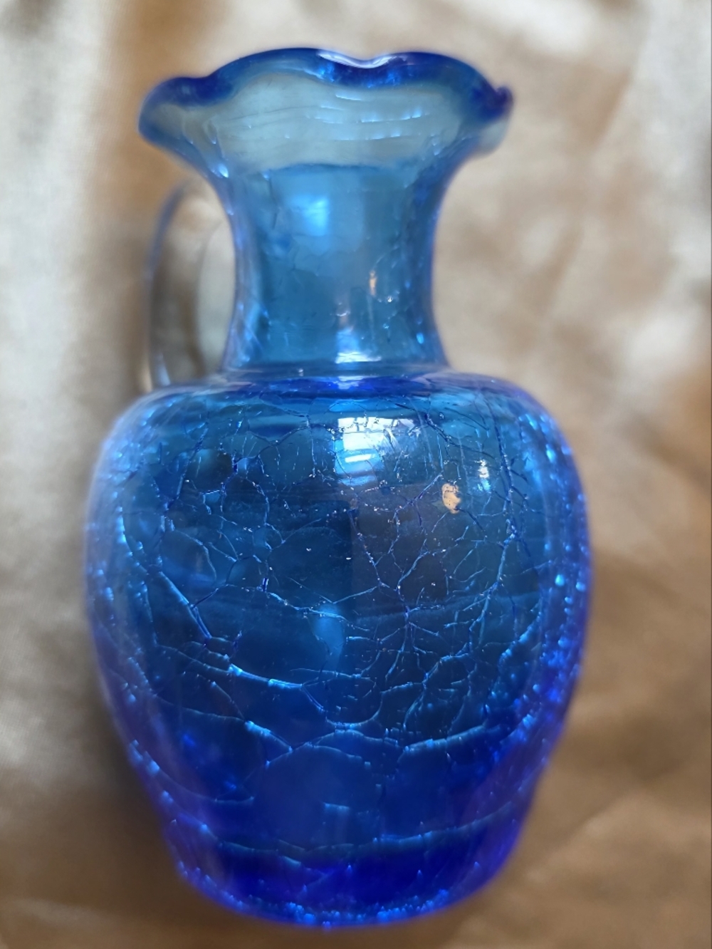 Small Vintage Hand-Blown Cobalt Blue Crackle Glass Pitcher Vase - Picture 6 of 10